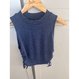 Kittenish Womens Navy Blue Ribbed Sleeveless Ruched Side Tie Knit Top Small NWT